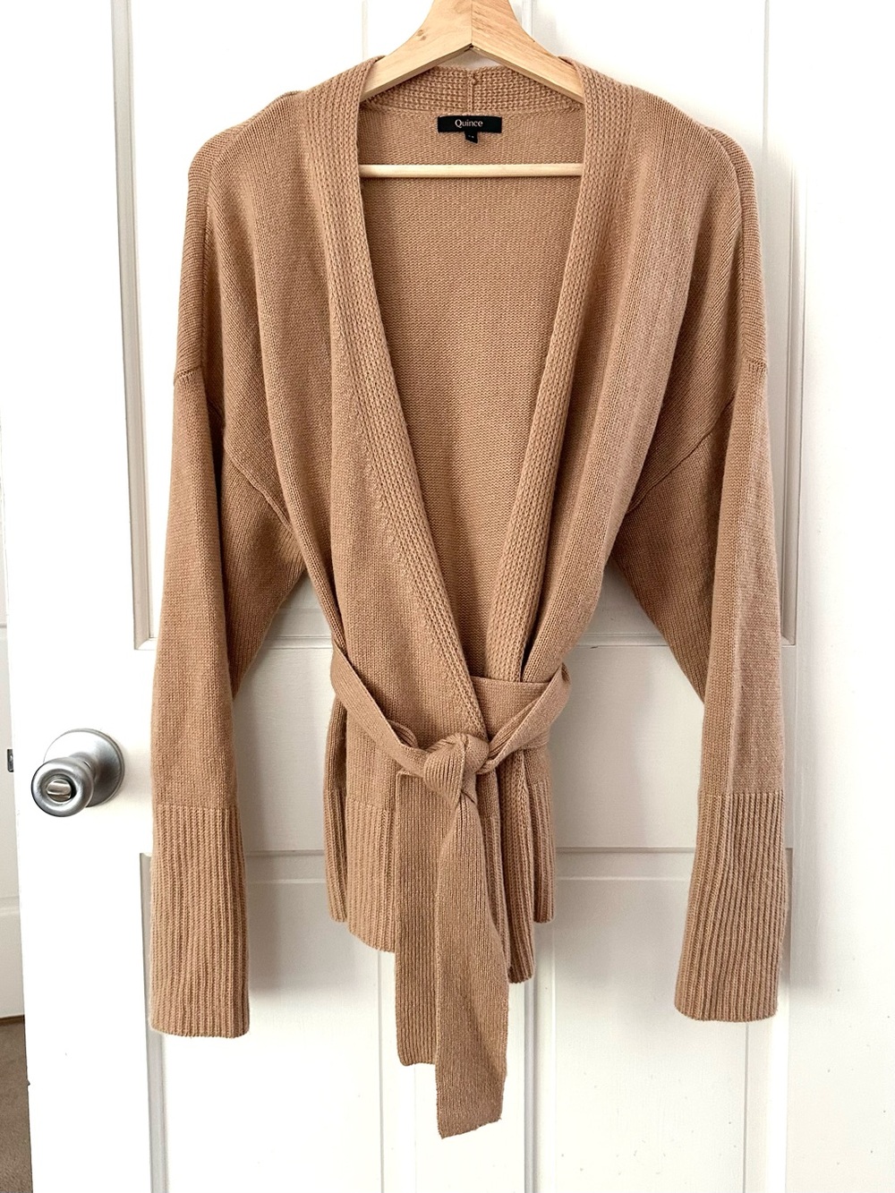 Quince Mongolian Cashmere Belted Wrap Sweater Camel Tan Size M - Picture 4 of 12